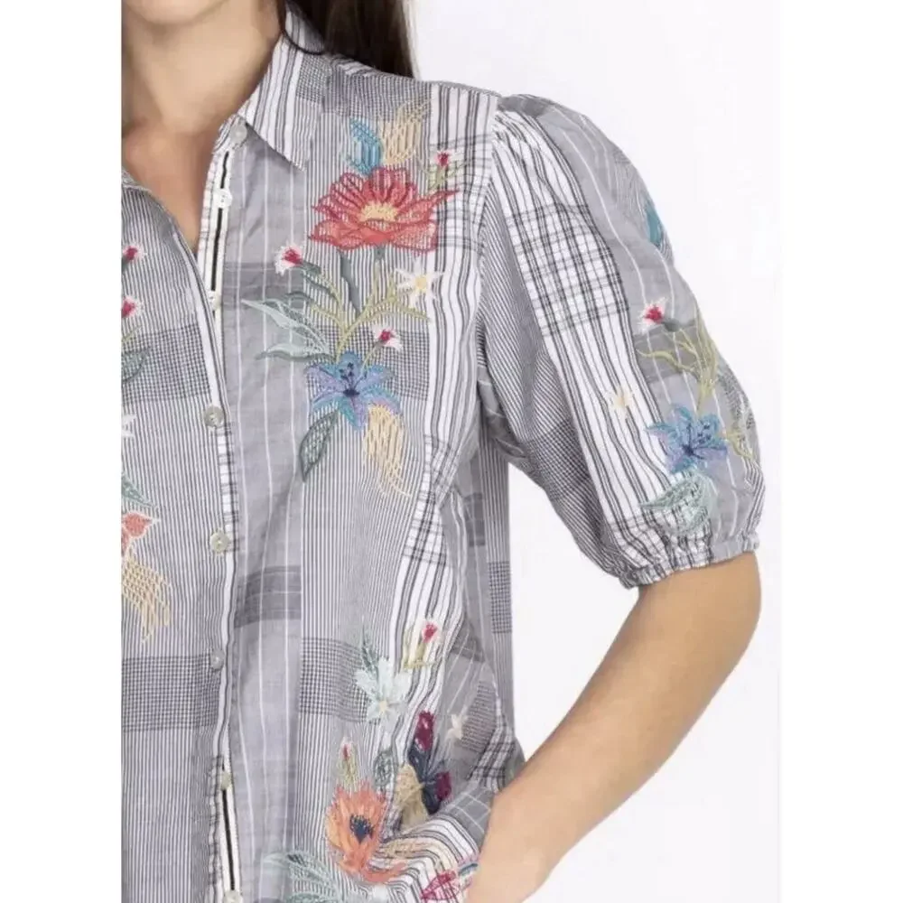 NWT JOHNNY WAS Jordan Lisbon Shirt S Grey Floral Embroidered Plaid 100% Cotton